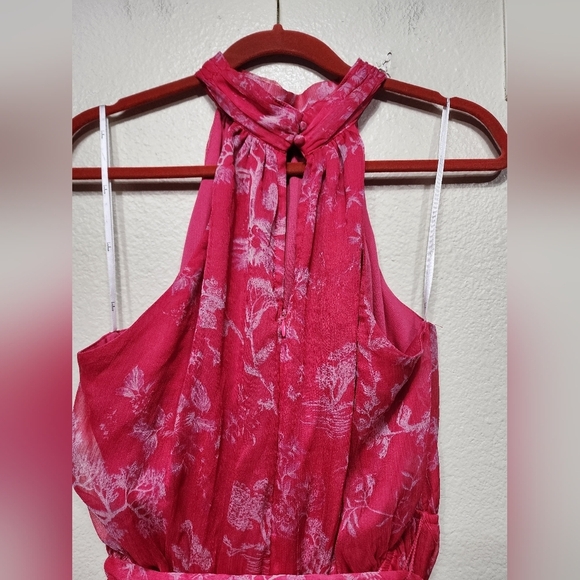 Lulus Float to You Hot Pink Floral Print Halter-Neck Tiered Midi Dress L Wedding - Picture 9 of 10